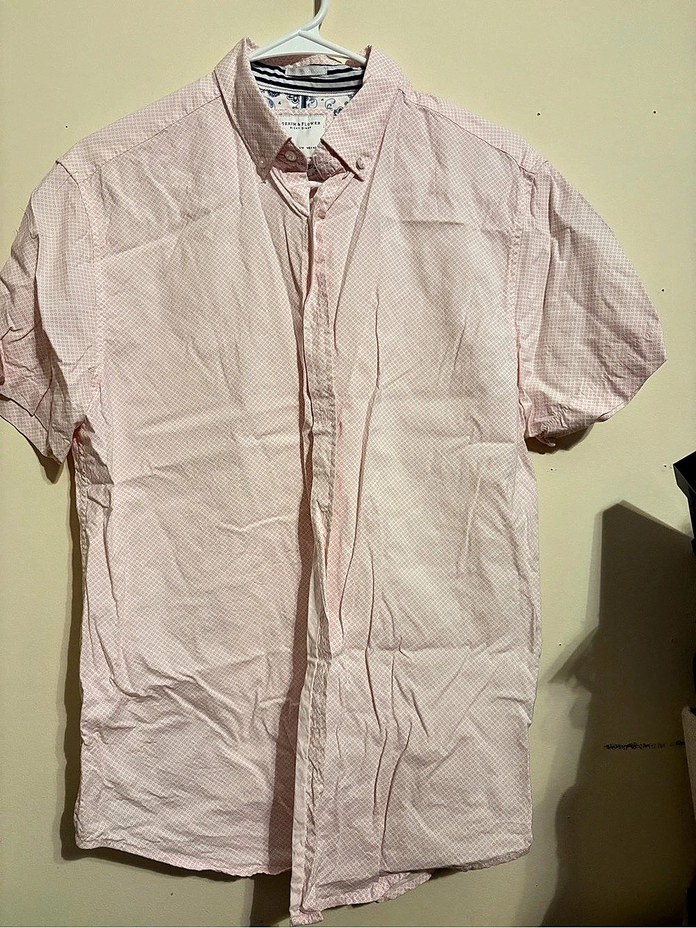 Denim & Flower Ricky Singh Short Sleeve Shirt in Pink & White Size Medium